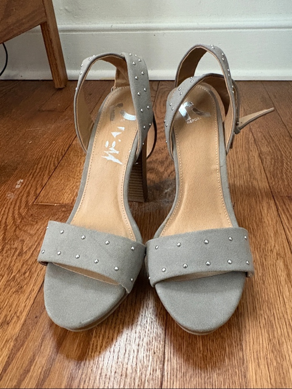 Report Taupe Studded Slingback Block Heels
